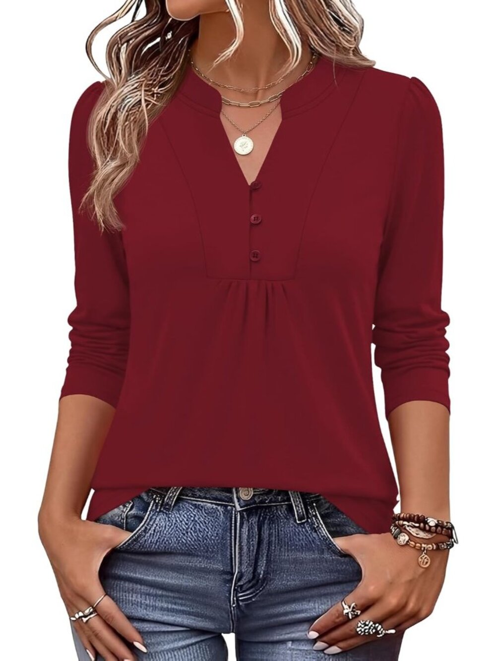 Women's Red Long Sleeve Shirts V-Neck Casual Pleated Fall Tops
